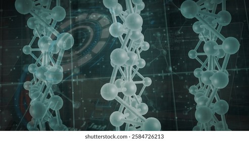 Image of molecules and dna strand over data processing with scope scanning on black background. Global science, connections and digital interface concept digitally generated image.