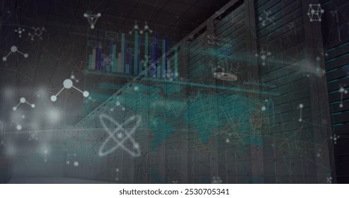 Image of molecules floating over servers. Network, connections, communication, data processing and technology concept digitally generated image.