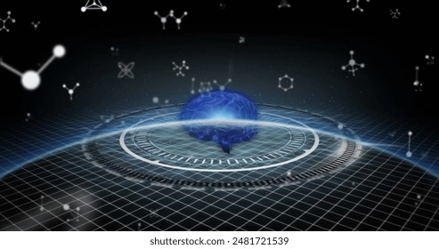 Image of molecules, globe in black space. Network, science, communication and technology concept digitally generated image.