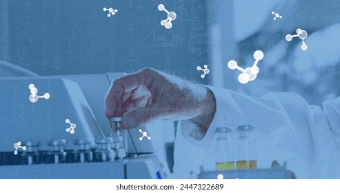 Image of molecules and mathematical equations over caucasian scientist holding vials in lab. Science, computing and digital interface concept digitally generated image. - Powered by Shutterstock - Get 15% off with code: PIKWIZARD15