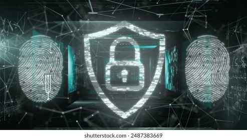 Image of molecules over blinking security padlock and computer circuit board. Global business digital interface technology and networking concept digitally generated image.