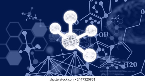 Image of molecules over data processing and chemical formula on black background. Science, computing and digital interface concept digitally generated image.