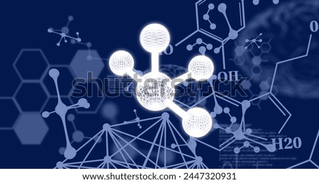 Image of molecules over data processing and chemical formula on black background. Science, computing and digital interface concept digitally generated image.