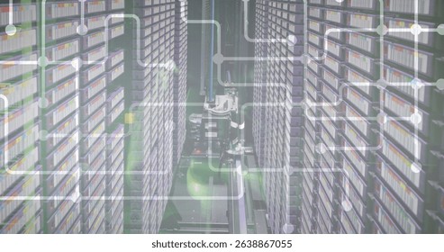 Image of motherboard circuit over computer server room. Global communication, business, data and digital interface concept digitally generated image.