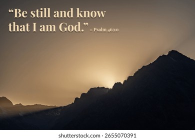 The image is a mountain range with a sunset in the background. The quote 