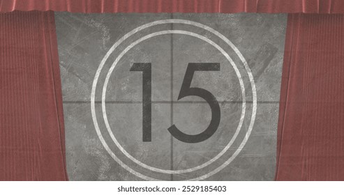 Image of movie vintage countdown in circle over brown curtains. Digitally generated, hologram, film industry, projection, film reel, timer and technology concept. - Powered by Shutterstock