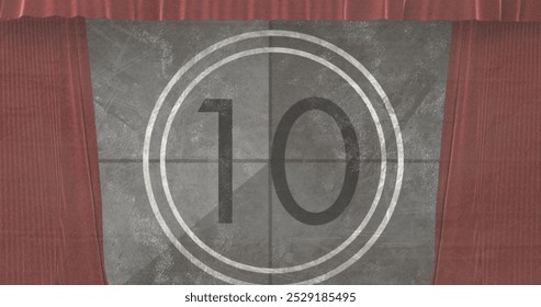 Image of movie vintage countdown in circle over brown curtains. Digitally generated, hologram, film industry, projection, film reel, timer and technology concept. - Powered by Shutterstock