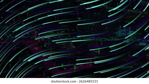 Image of moving lights over dark background. Global science, connections, data processing and digital interface concept digitally generated image.