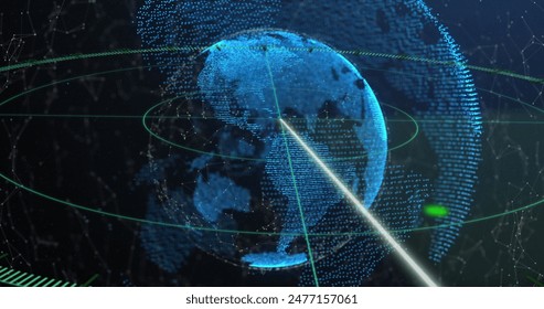 Image of moving line in circles over connected dots around globes against abstract background. Digitally generated, hologram, illustration, communication, shape and globalization concept.