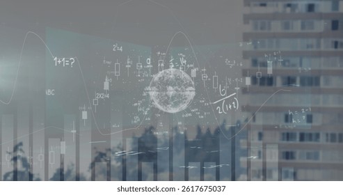 Image of moving mathematical formulas over cityscape. science, education and learning concept digitally generated image.