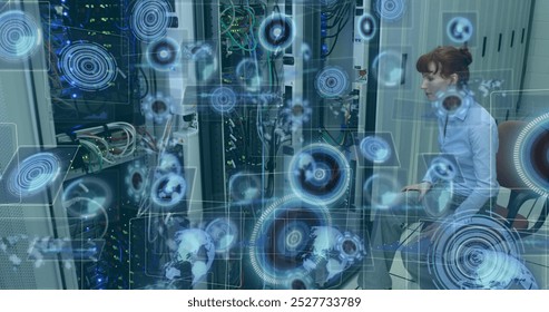Image of moving screens over caucasian female server room worker. Global science, connections, data processing and digital interface concept digitally generated image.