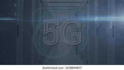 Image of moving shapes and 5g text over server room. Global business and digital interface concept digitally generated image.