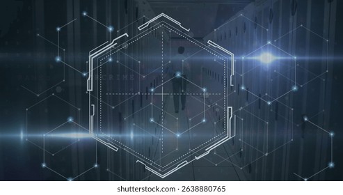 Image of moving shapes and caucasian male worker over server room. Global business and digital interface concept digitally generated image.