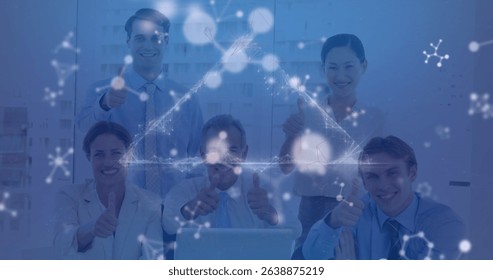 Image of moving shapes over diverse business people in office. Global business and digital interface concept digitally generated image.