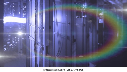 Image of moving shapes over light spots. Global digital interface technology and networking concept digitally generated image.
