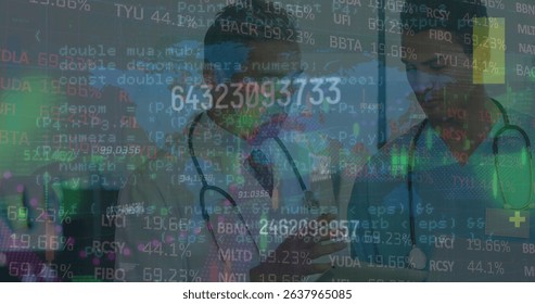 Image of moving trading board, programming codes over smiling caucasian male doctors discussing. Digital composite, multiple exposure, hospital, database, investment, finance, medical, healthcare.