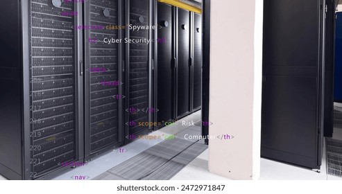 Image of multicolored computer language over data server racks in server room. Digital composite, coding, programming language, data center, networking, technology and network server concept.