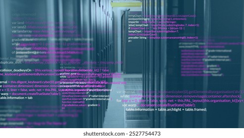 Image of multicolored computer language over data server racks in server room. Digital composite, programming language, coding, data center, networking, technology and network server concept.