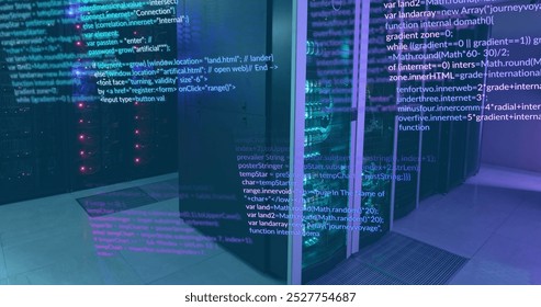 Image of multicolored computer language over data server systems in server room. Digital composite, programming language, coding, data center, networking, technology and network server concept.
