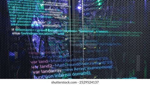 Image of multicolored computer language over illuminated data server system. Digital composite, multiple exposure, coding, programming language, data center, networking and technology concept. - Powered by Shutterstock