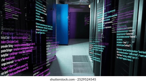 Image of multicolored computer language over data server room. Digital composite, multiple exposure, coding, programming language, data center, networking and technology concept.
