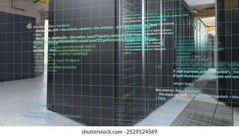 Image of multicolored computer language over data server room. Digital composite, multiple exposure, coding, programming language, data center, networking and technology concept.