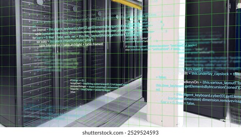 Image of multicolored computer language over data server room. Digital composite, multiple exposure, coding, programming language, data center, networking and technology concept.