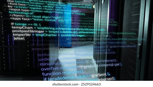 Image of multicolored computer language over data server room. Digital composite, multiple exposure, coding, programming language, data center, networking and technology concept.