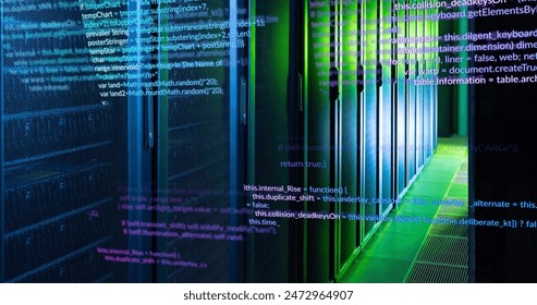 Image of multicolored computer programming language over data server room. Digital composite, multiple exposure, coding, programming language, data center, networking, technology, network concept.
