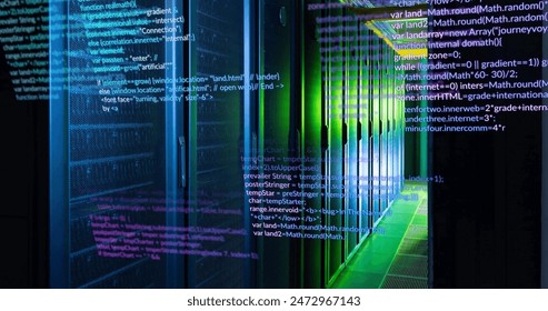 Image of multicolored computer programming language over data server room. Digital composite, multiple exposure, coding, programming language, data center, networking, technology, network concept. - Powered by Shutterstock - Get 15% off with code: PIKWIZARD15