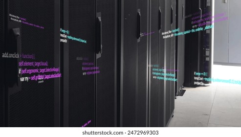 Image of multicolored computer programming language over data server room. Digital composite, multiple exposure, global, coding, data center, networking, technology and network server concept.