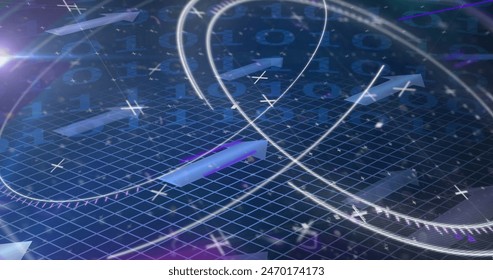 Image of multicolored glitch technique with moving arrows and circles over binary codes. Digitally generated, hologram, geometric shape, computer language, grid pattern and technology concept,