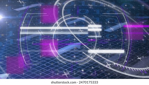 Image of multicolored glitch technique with squares, arrows, circle over binary codes. Digitally generated, hologram, growth, geometric shape, computer language and technology concept.