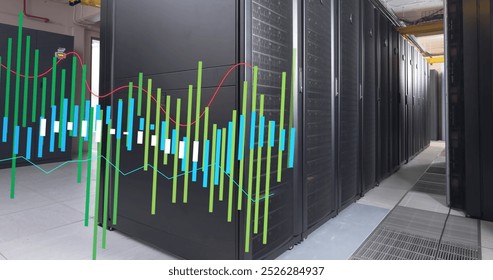 Image of multicolored graphs over data server racks in server room. Digital composite, report, business, network security, data center, networking, technology and network server concept.