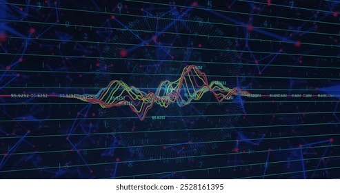 Image of multicolored graphs over floating blue geometric shapes against black background. Digitally generated, hologram, report, finance, business, abstract and technology concept.