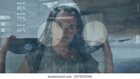 Image of multicolored infographic interface, biracial man standing with skateboard on shoulder. Digital composite, multiple exposure, report, business, growth, global and sports concept. - Powered by Shutterstock