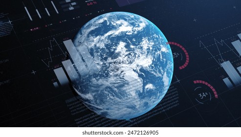 Image of multicolored infographic interface over rotating globe against space. Digitally generated, hologram, illustration, report, business, growth, progress and globalization concept.