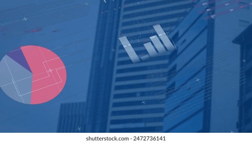 Image of multicolored infographic interface over low angle view of buildings against clear sky. Digital composite, multiple exposure, report, business, global, architecture and technology.