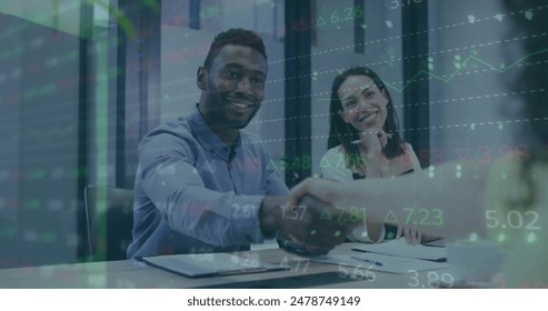 Image of multicolored infographic interface over diverse coworkers discussing and shaking hands. Digital composite, stock market, business, planning, teamwork and technology concept.