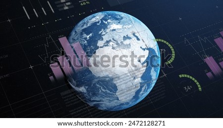 Image of multicolored infographic interface over rotating globe against space. Digitally generated, hologram, illustration, report, business, growth, progress and globalization concept.