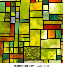 Image Of A Multicolored Stained Glass Window With Irregular Block Pattern In A Hue Of Green, Square Format