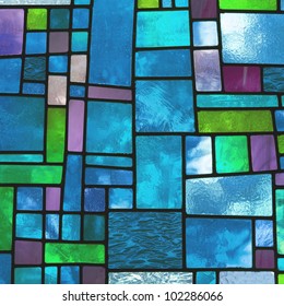 Image of a multicolored stained glass window with irregular block pattern in a hue of blue, square format