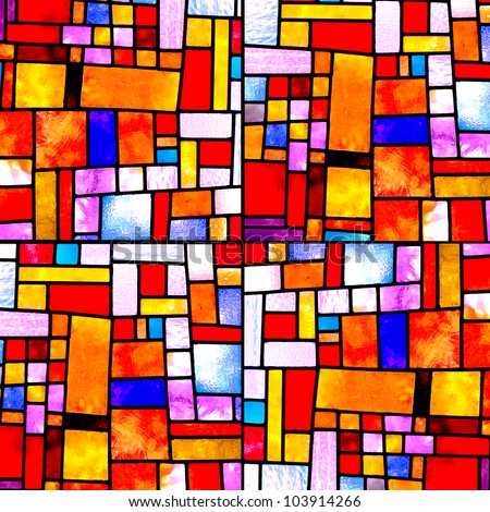 Image of a multicolored stained glass window with irregular random block pattern, square format