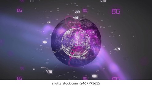 Image of multiple 6g text banners and over globe of network of connections on grey background. Global networking and business technology concept