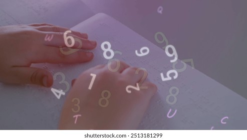 Image of multiple alphabets and numbers floating over close up of a finger reading in braille. School and education concept