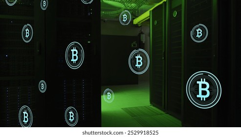 Image of multiple bitcoin symbols floating against computer server room. Cryptocurrency and business data storage technology concept