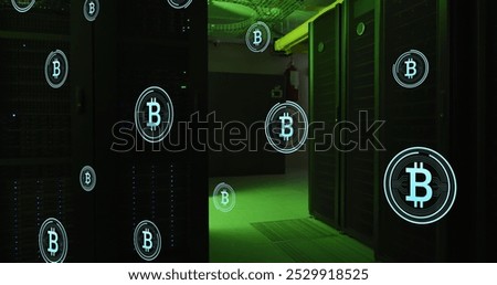 Image of multiple bitcoin symbols floating against computer server room. Cryptocurrency and business data storage technology concept