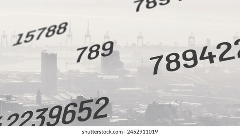 Image of multiple changing numbers against aerial view of cityscape. Computer interface and business technology concept