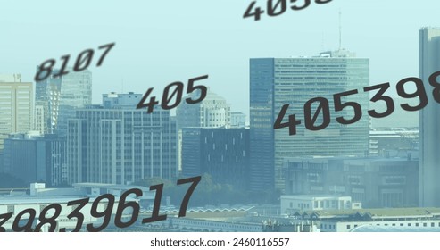Image of multiple changing numbers against aerial view of cityscape. Computer interface and business technology concept