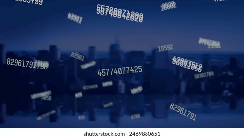 Image of multiple changing numbers against aerial view of cityscape. Computer interface and business technology concept